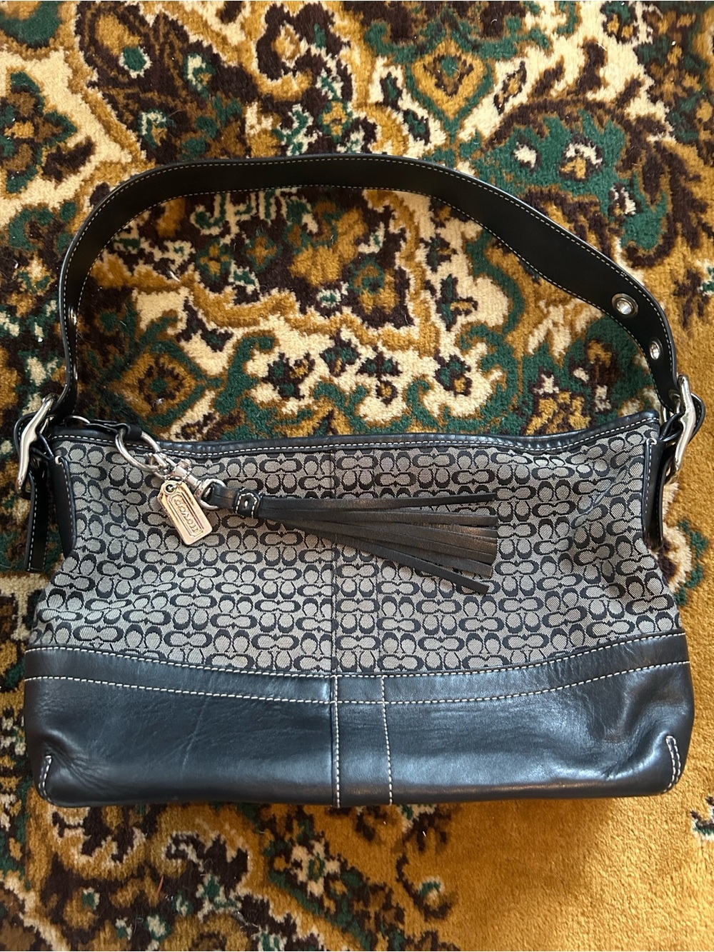 Vintage Y2K Coach Signature Jacquard and Leather Shoulder Bag in Gray/Black - Picture 9 of 11